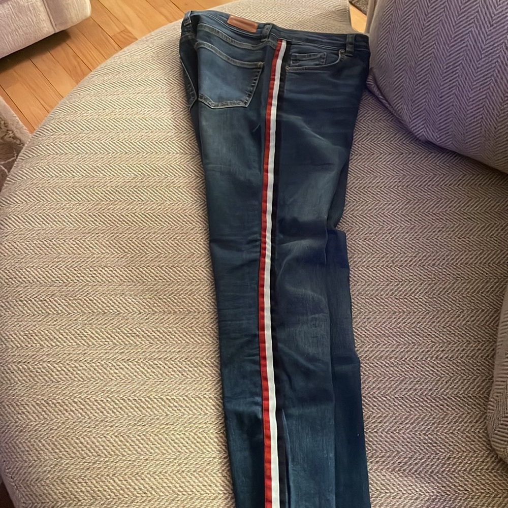 Straight jeans with red white and blue side ribbons Suite Benedict brand